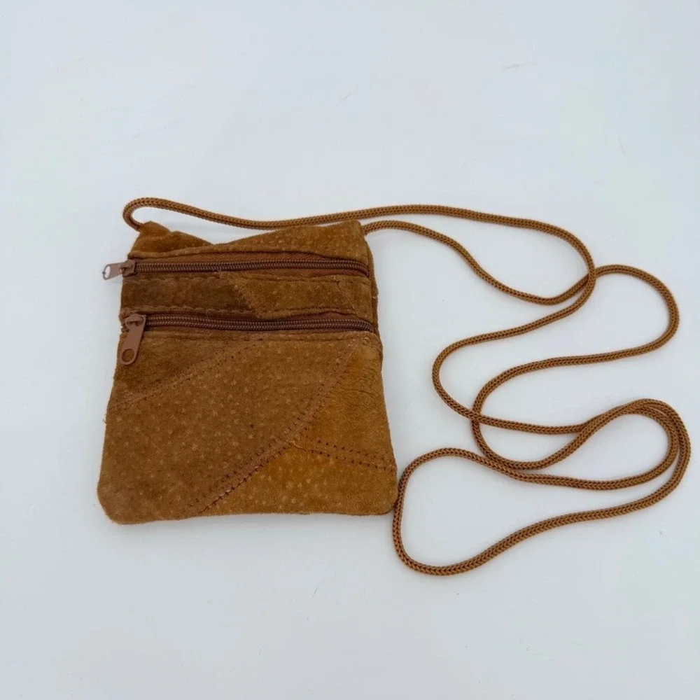 100% Suede Leather Crossbody Bag‎ Patchwork Look Brown Mini Boho Festival Purse